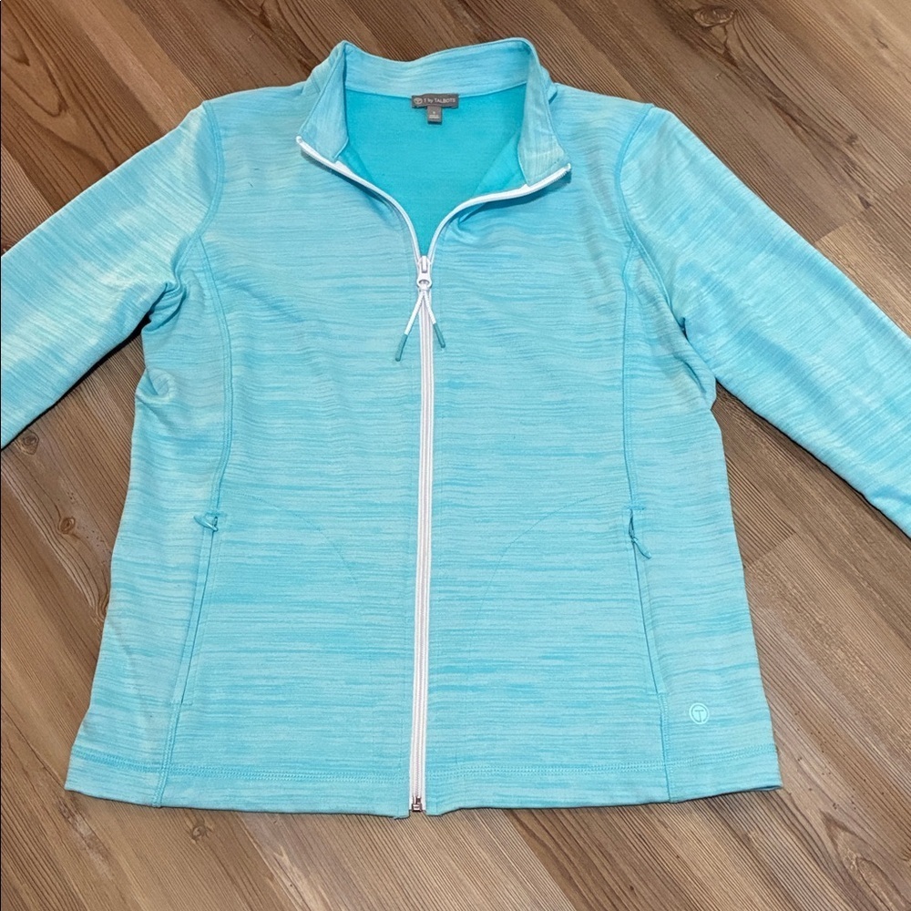 T by Talbots Striated Stand-up Collar Full Zip Jacket Turquoise Women S Athletic - Picture 2 of 11